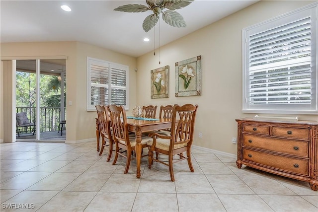 dining area featuring ceiling fan, recessed lighting, light tile patterned flooring, and baseboards
