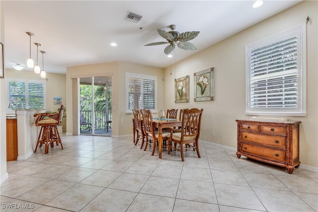 dining space featuring light tile patterned flooring, ceiling fan, visible vents, and recessed lighting