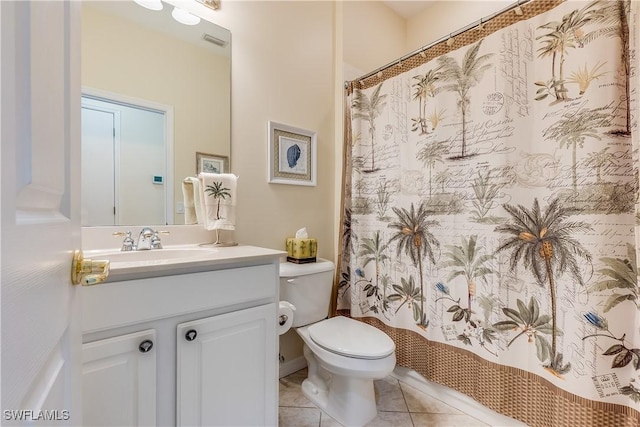 full bath with a shower with shower curtain, vanity, tile patterned floors, toilet, and visible vents