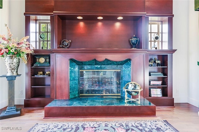 room details featuring a premium fireplace and hardwood / wood-style flooring