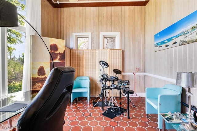 office featuring a wealth of natural light and wooden walls