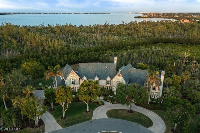 drone / aerial view with a water view