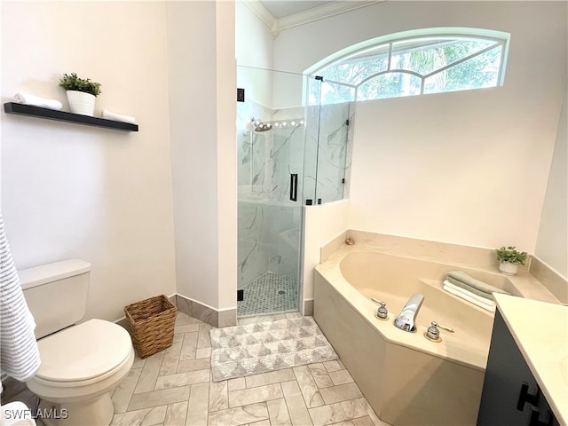 full bathroom with ornamental molding, vanity, separate shower and tub, and toilet