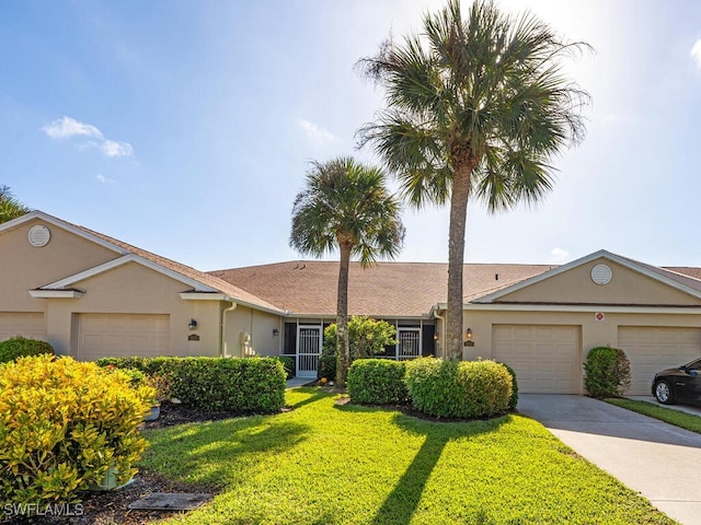 single story home with an attached garage, a front yard, and stucco siding