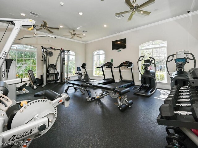 workout area with crown molding