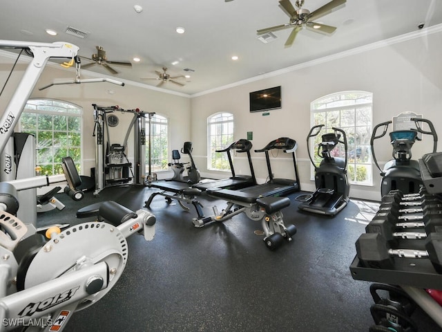 gym with baseboards, visible vents, a ceiling fan, crown molding, and recessed lighting