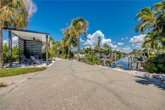 view of street with a water view