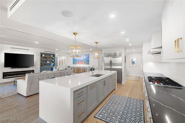 kitchen featuring gray cabinets, appliances with stainless steel finishes, light wood finished floors, under cabinet range hood, and recessed lighting