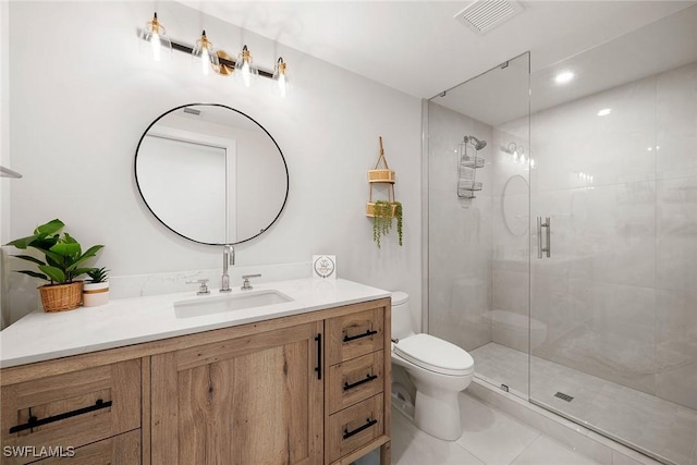 bathroom with vanity, a shower stall, toilet, and visible vents