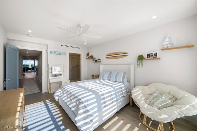 bedroom featuring recessed lighting, a ceiling fan, wood finished floors, and visible vents