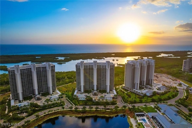 drone / aerial view with a water view