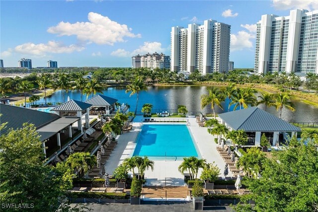 view of swimming pool with a water view