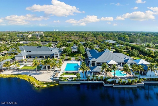 drone / aerial view with a water view