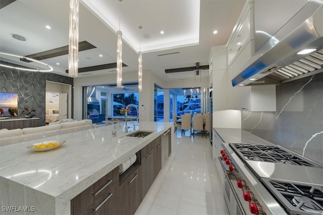 kitchen featuring white cabinets, a large island with sink, appliances with stainless steel finishes, a tray ceiling, and range hood