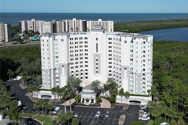 drone / aerial view with a water view