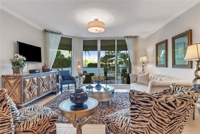 tiled living room with crown molding