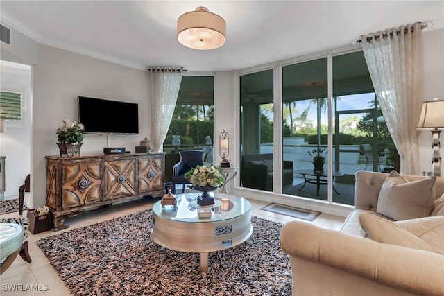 tiled living room with ornamental molding and a wealth of natural light