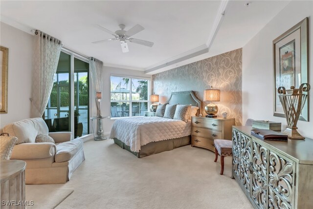 bedroom with ornamental molding, carpet floors, access to outside, and ceiling fan