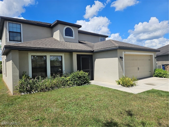 view of front of home with a garage and a front lawn