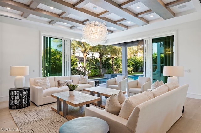 interior space with beam ceiling and an inviting chandelier