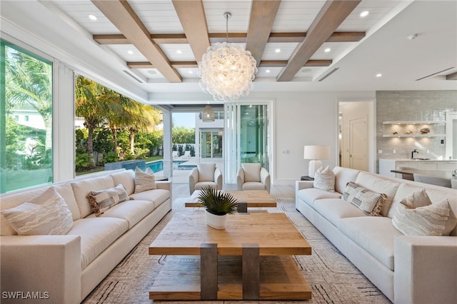 sunroom / solarium featuring a chandelier and beam ceiling