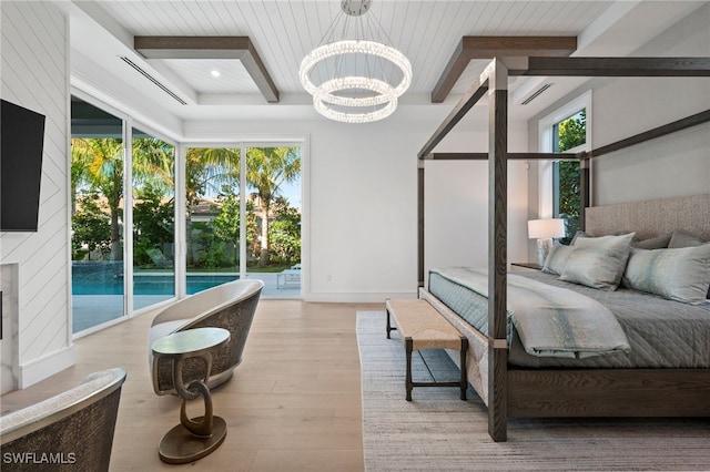 bedroom with access to exterior, light wood-type flooring, wood ceiling, an inviting chandelier, and beamed ceiling