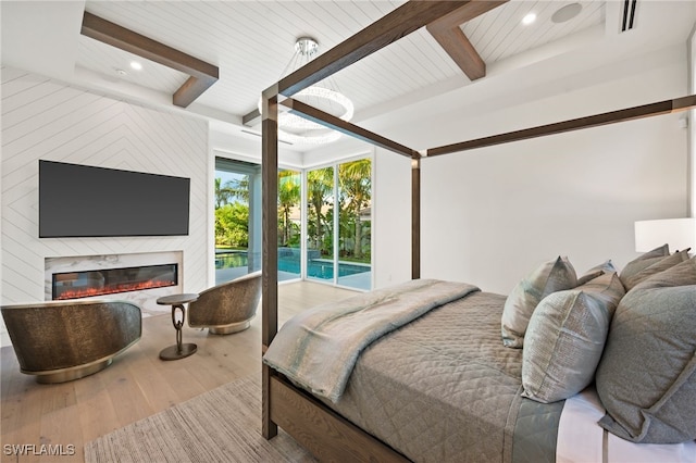 bedroom featuring hardwood / wood-style floors, wooden ceiling, and beamed ceiling