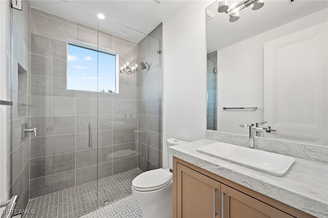 bathroom with vanity, an enclosed shower, and toilet