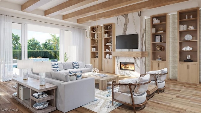 living room with beam ceiling, light hardwood / wood-style flooring, built in shelves, and a premium fireplace