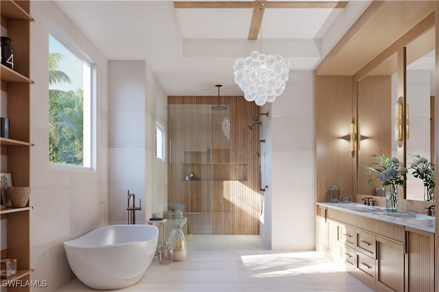 bathroom featuring plus walk in shower, vanity, a wealth of natural light, and tile walls