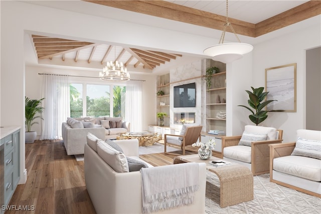 living room with beamed ceiling, wooden ceiling, a notable chandelier, and hardwood / wood-style flooring