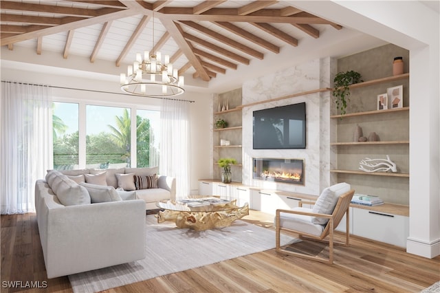 living room with an inviting chandelier, vaulted ceiling with beams, built in features, a fireplace, and hardwood / wood-style flooring