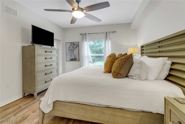 bedroom with ceiling fan and light wood-type flooring