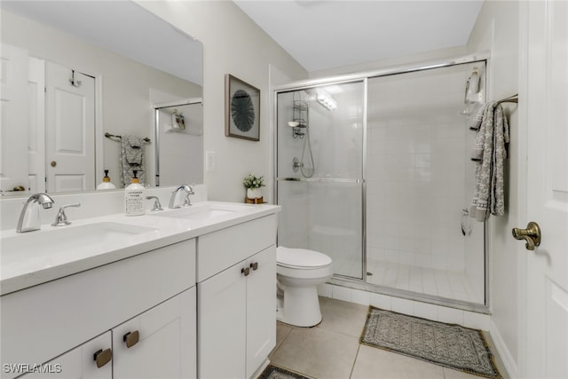 bathroom with tile patterned floors, vanity, toilet, and an enclosed shower