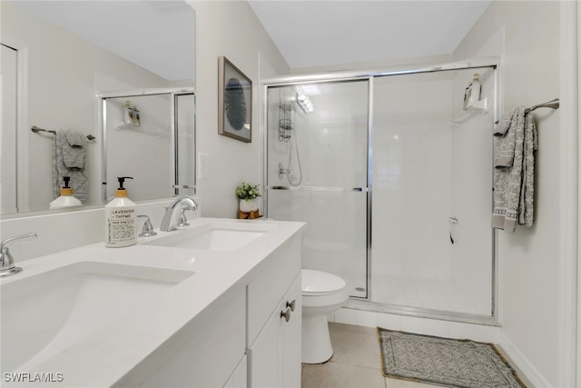 bathroom featuring tile patterned flooring, vanity, toilet, and walk in shower