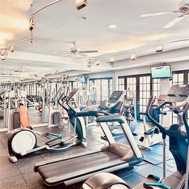 gym featuring ceiling fan