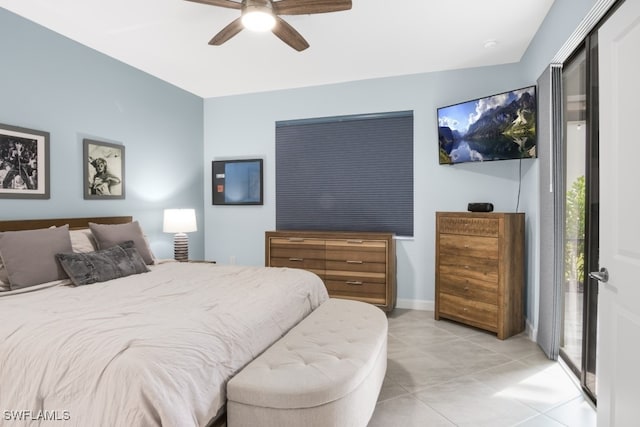 tiled bedroom featuring access to exterior and ceiling fan