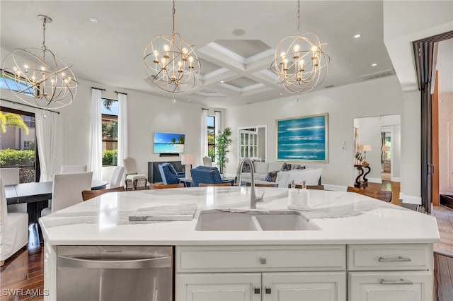 kitchen with white cabinets, sink, stainless steel dishwasher, dark wood-type flooring, and coffered ceiling