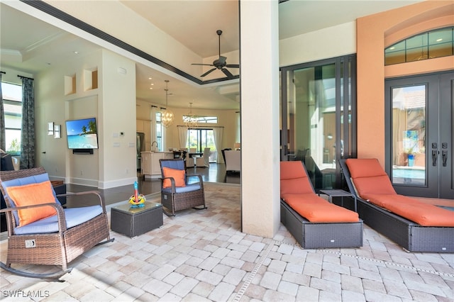 view of patio / terrace featuring french doors, an outdoor hangout area, and ceiling fan