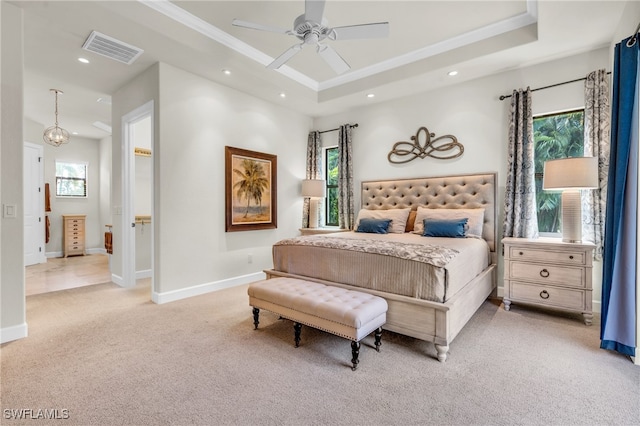 carpeted bedroom featuring a raised ceiling and ceiling fan