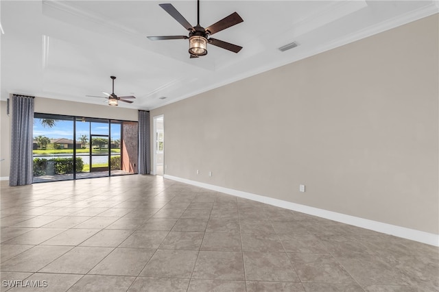 tiled spare room featuring ceiling fan and ornamental molding