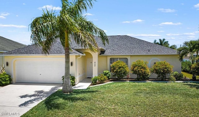 ranch-style home with a garage and a front lawn