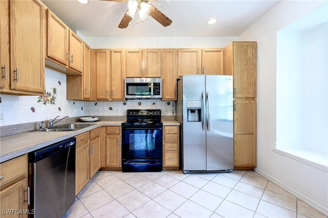 7670 Meadow Lakes Dr Unit 1501, Naples, FL 34104 - kitchen with stainless steel appliances, a sink, backsplash, a ceiling fan, and light countertops