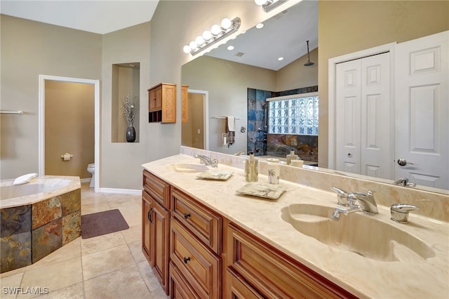 bathroom featuring lofted ceiling, a shower, toilet, vanity, and tile patterned floors