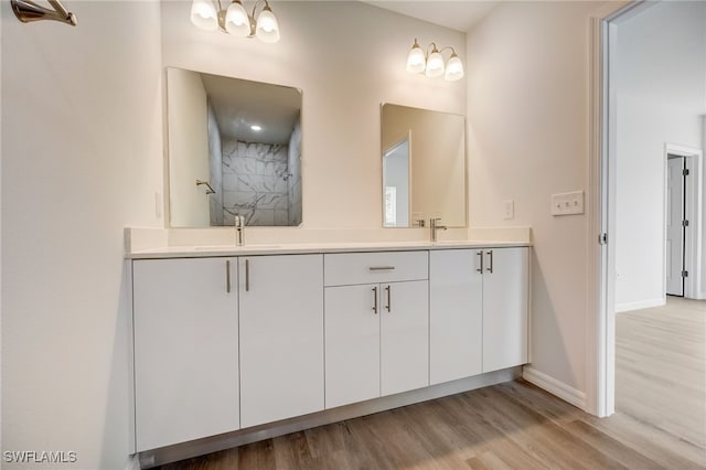 bathroom with a shower, vanity, and wood-type flooring