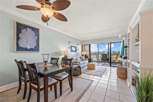 803 River Point Dr Unit 306B, Naples, FL 34102 - dining room featuring crown molding, light tile patterned floors, and ceiling fan