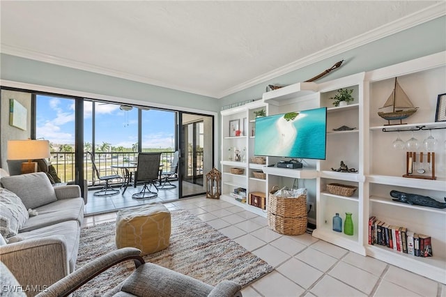 803 River Point Dr Unit 306B, Naples, FL 34102 - tiled living room with ornamental molding and built in shelves