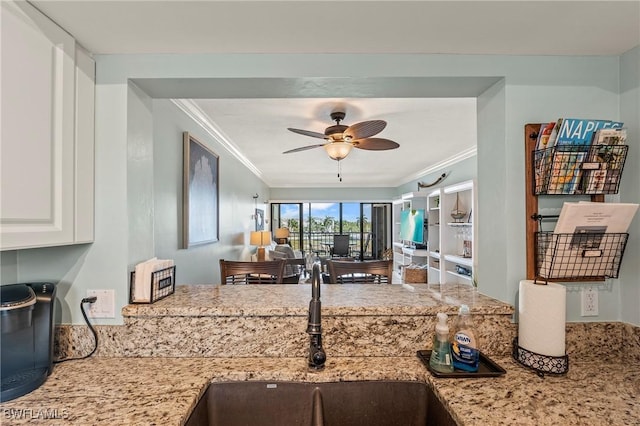 803 River Point Dr Unit 306B, Naples, FL 34102 - kitchen with a ceiling fan, crown molding, light stone countertops, a sink, and white cabinets