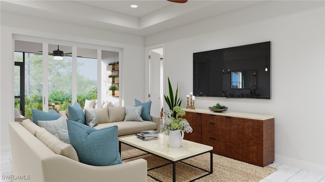 tiled living room featuring ceiling fan