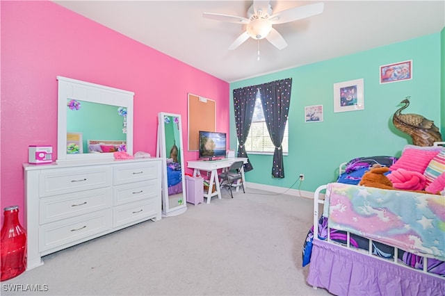 bedroom with light colored carpet and ceiling fan